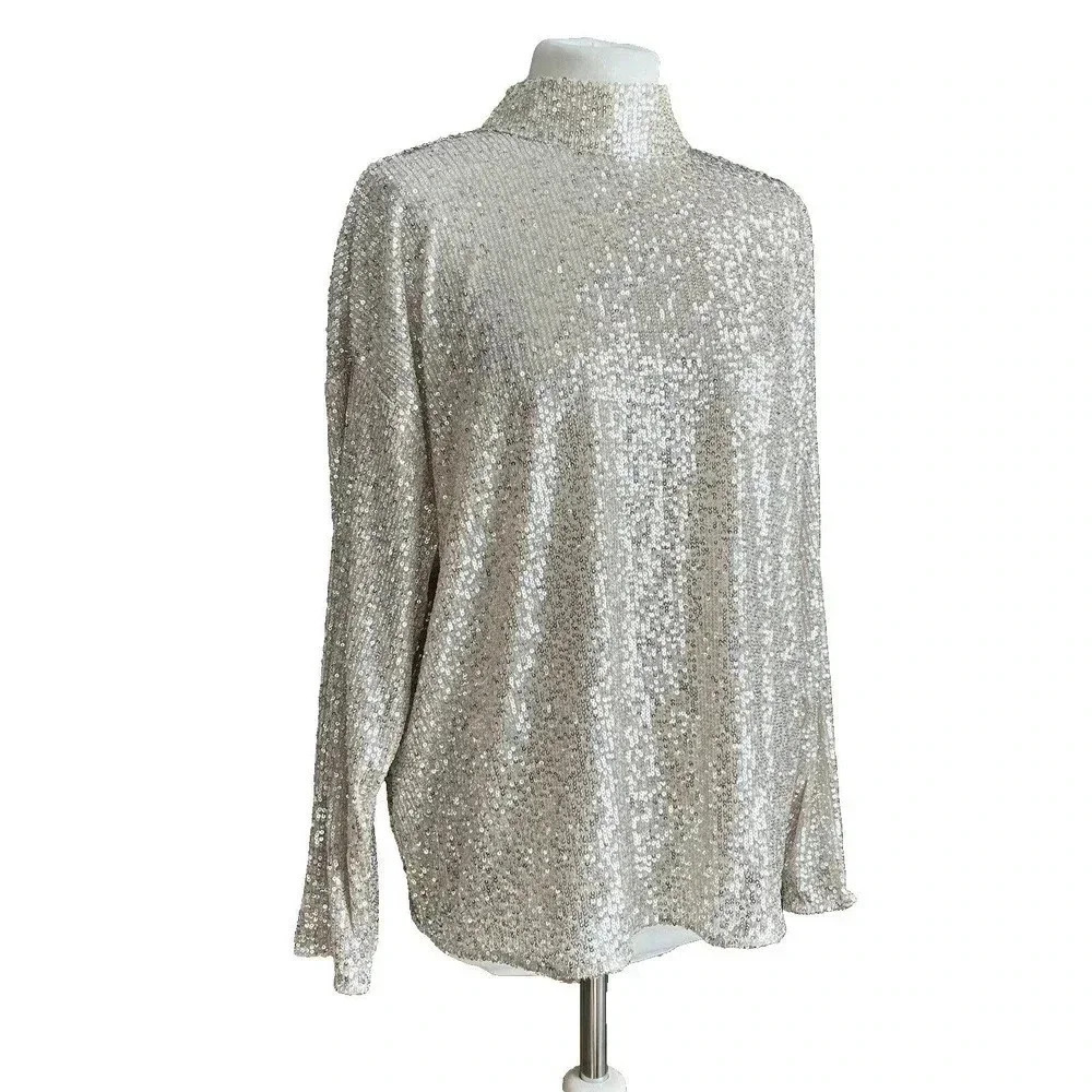 H&M Women's Silver Long Sleeves Sequin High Neck Oversized Top Size S/M